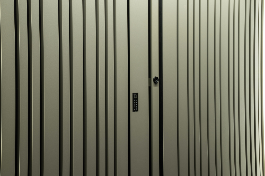 Decorative slats on a front door creating a 3D effect