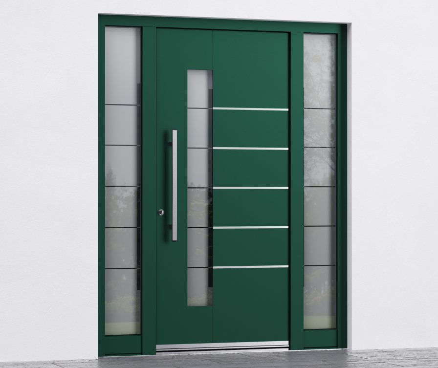 Green front door with glazing and two side panels.