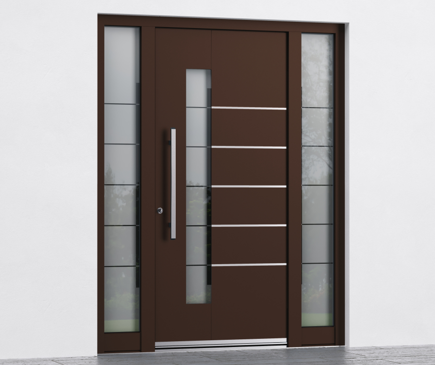 Brown front door with glazing and two side panels.