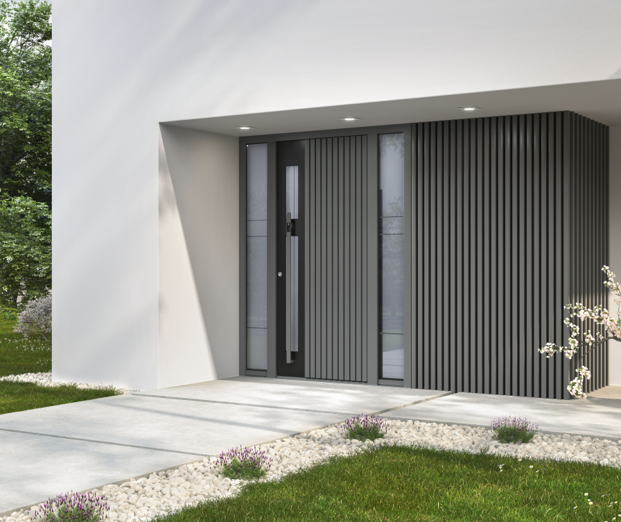 Aluminium grey front door with two side panels.