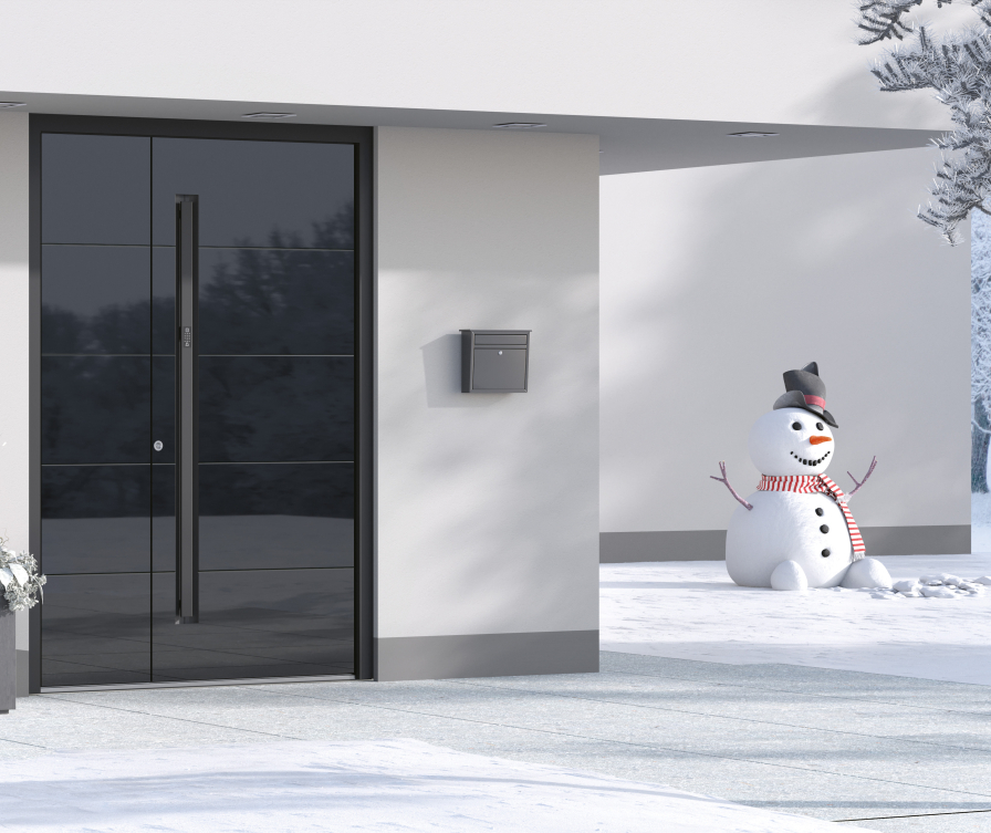 A black front door with non-glazed side part.