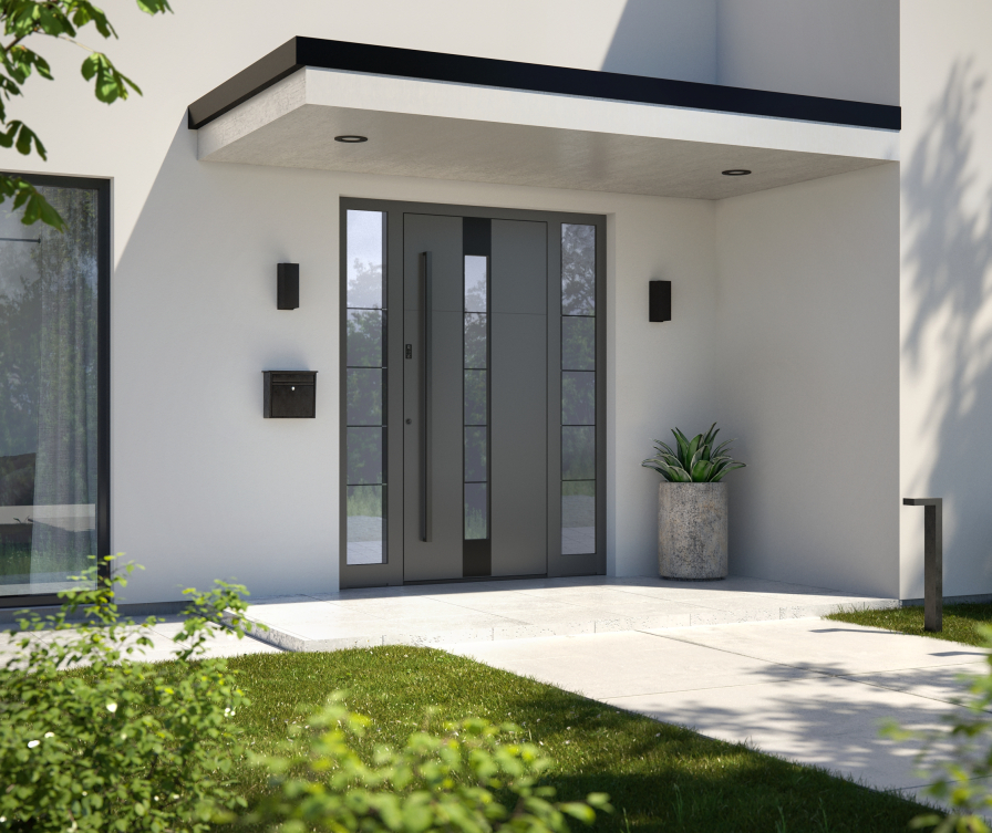 Anthracite grey front door with side panels on the left and right.