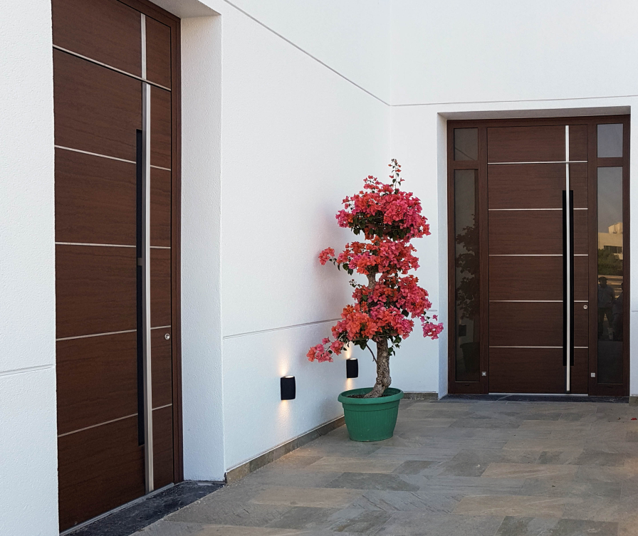 Two Inotherm brown entrance doors with a white facade. Between the two entrances stands an ornamental tree with red leaves.