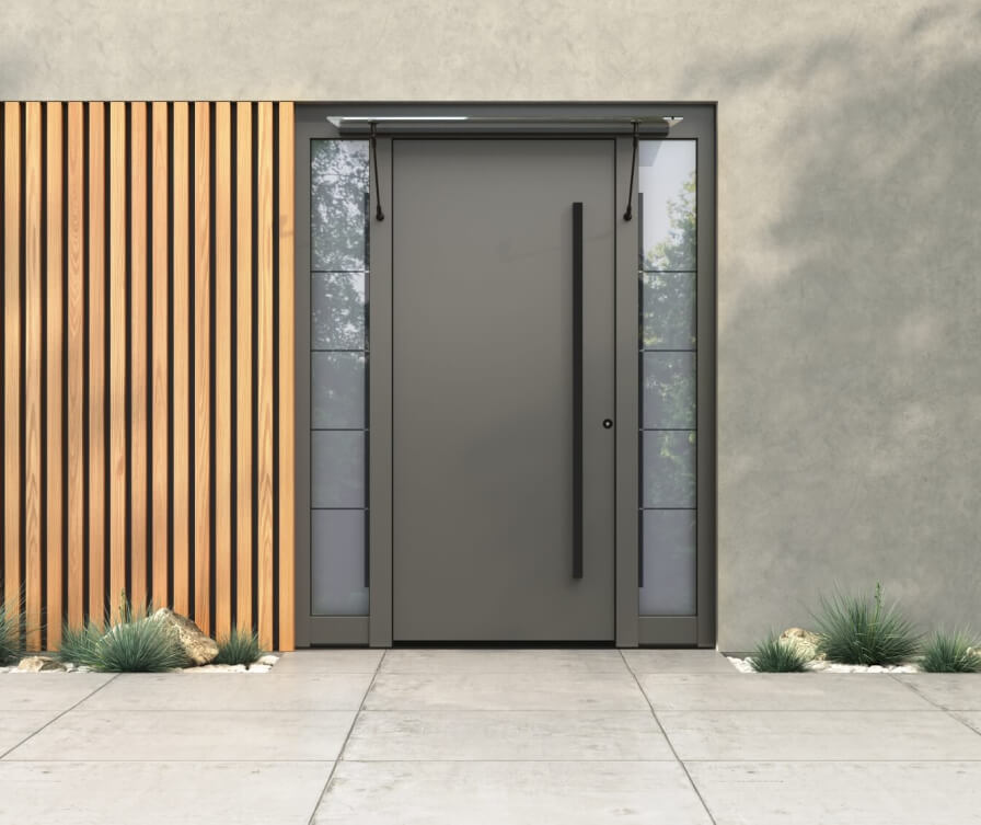 legant entrance with a black door featuring large glass surfaces, surrounded by a modern facade and ambient lighting.
