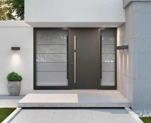 Simple-style door with a sleek design, framed by glass side panels and soft lighting.