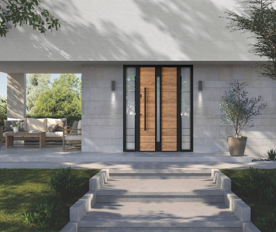 Moderna hiša z vhodnimi vrati v lesnem dekorju in stranskima svetlobama