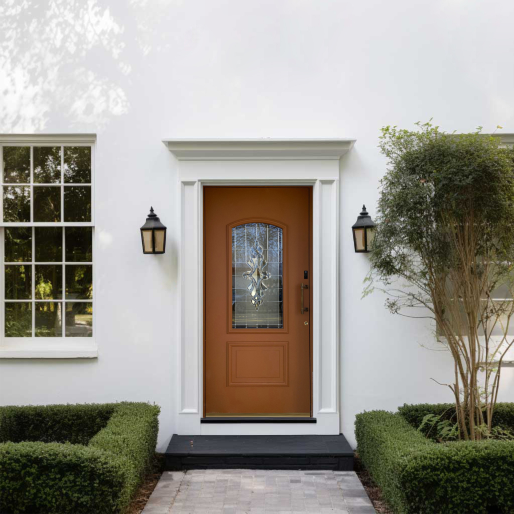 ATE 1266_MB-801 Rjava vhodna vrata z vitraž motivom stekla