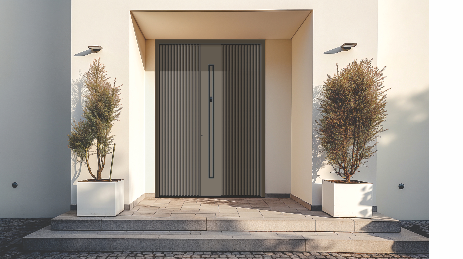 Dvokrilna vhodna vrata v sivi barvi s 3D dekor elementi