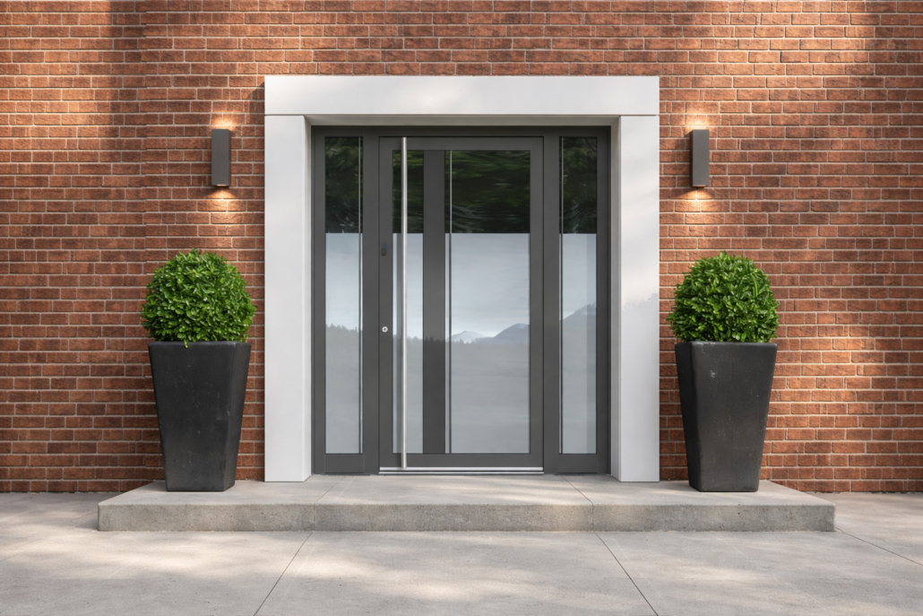 Glazed entrance door for an apartment building on a brick façade