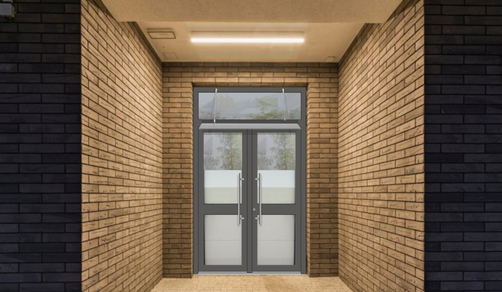 Double-leaf glazed entrance door on a brownish brick façade