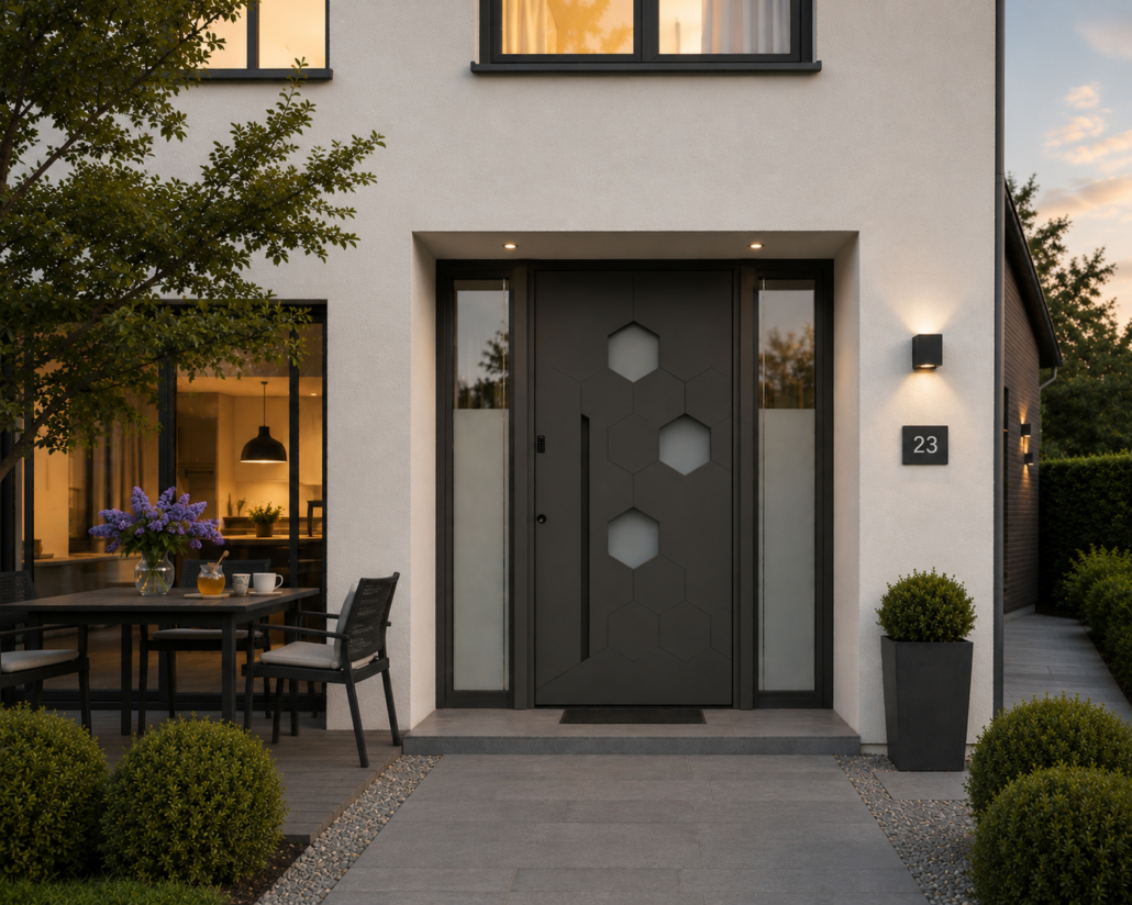 cebelice v objektu _siva Modern house with anthracite-grey entrance door, hexagonal glass inserts and a distinctive handle