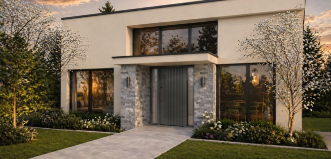 Modern house with a light-coloured façade, large windows and a contemporary grey entrance door