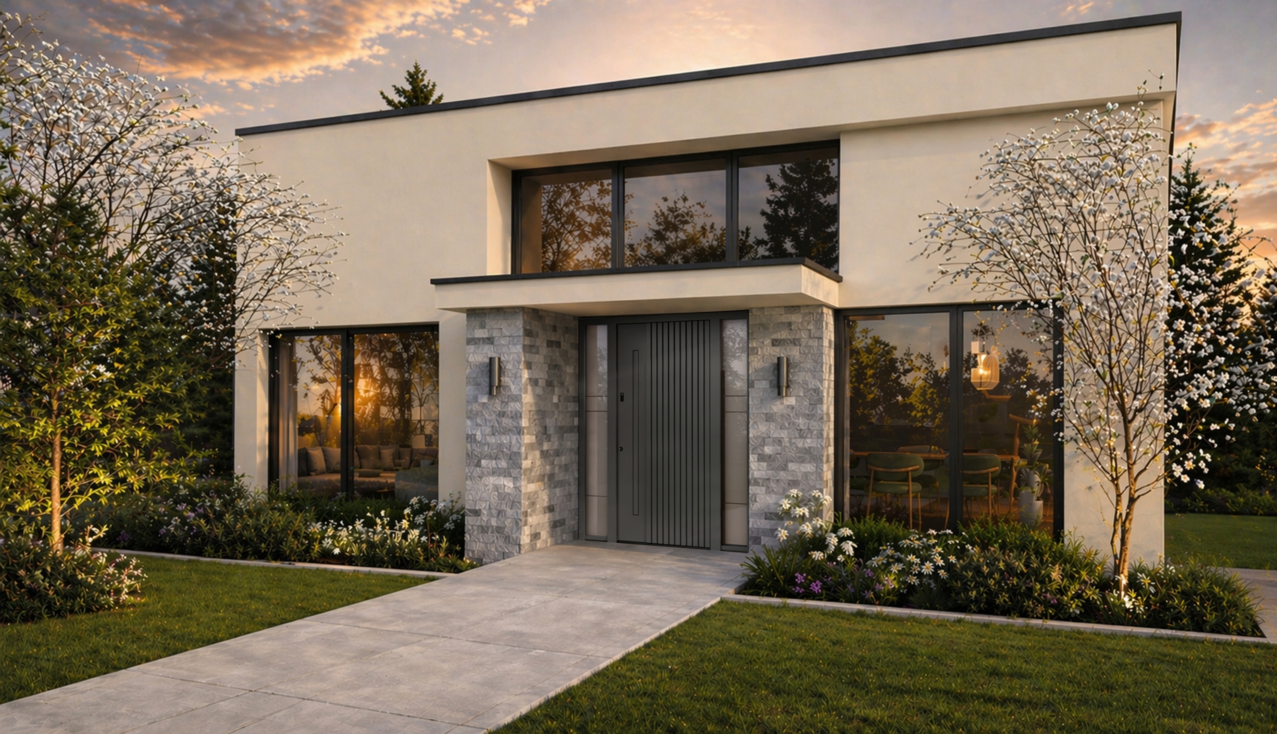 Modern house with a light-coloured façade, large windows and a contemporary grey entrance door