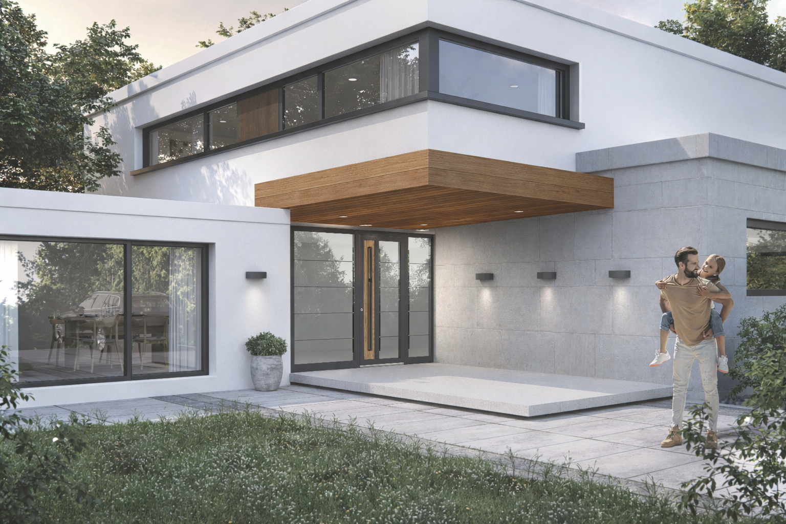 Modern house with large windows and a glazed front door in a wood finish