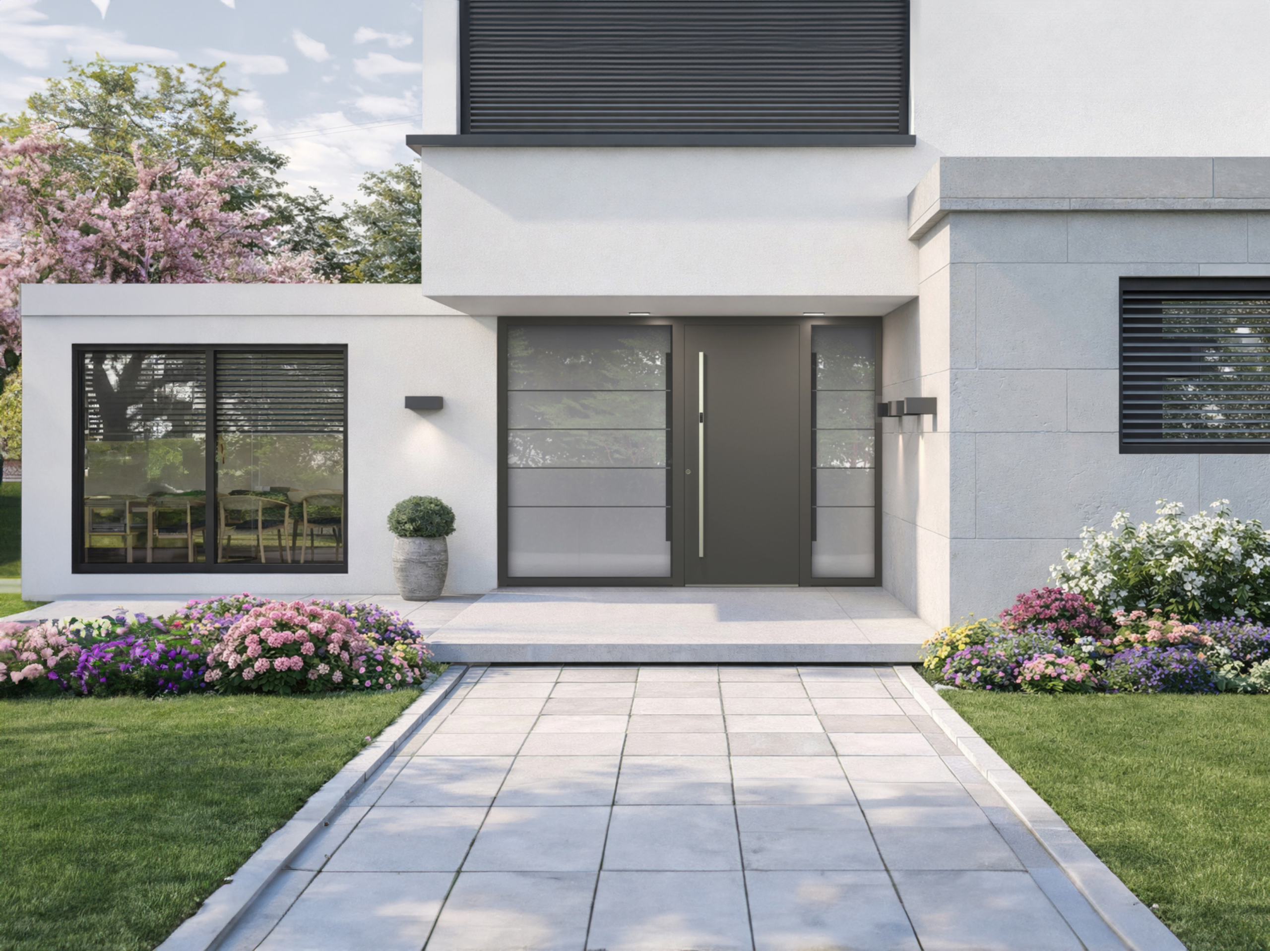 Modern house with a white façade, large grey windows and a minimalist grey front door with a sidelight