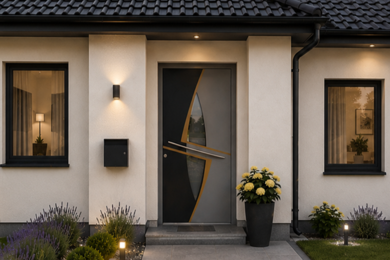 Distinctive aluminium front door with diagonal lines and black, grey and wood-effect finishes