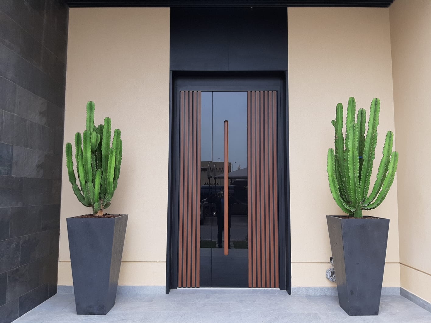 Modern double aluminium front door with black ESG glass, a wood-effect finish and a recessed handle