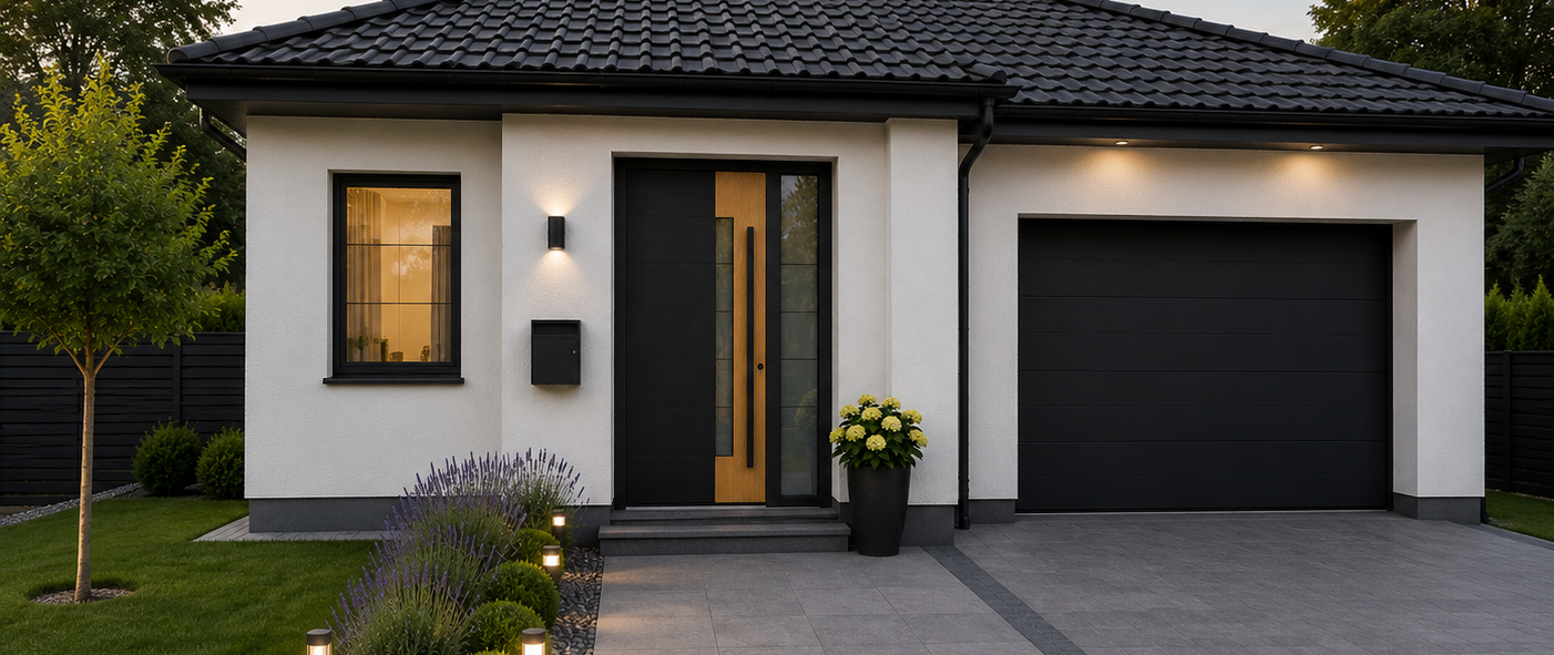 Contemporary black aluminium front door with a wood-effect finish on a modern house