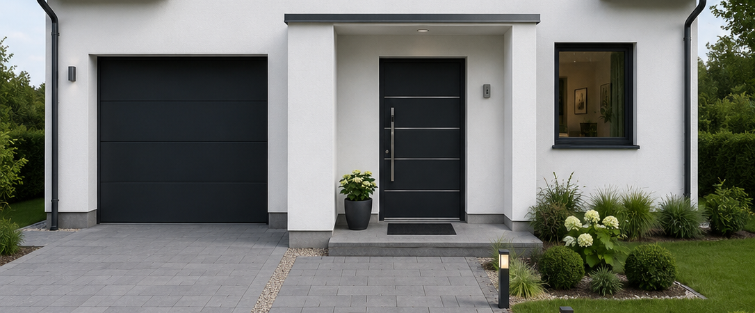 House façade with a window, garage door and minimalist black front door with slim stainless steel inlays