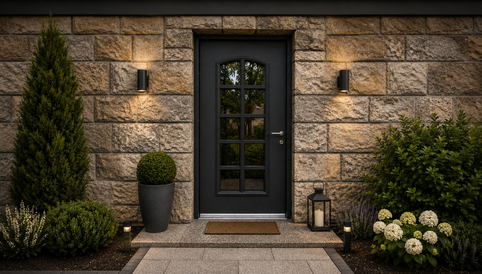 Traditional house with a stone façade and a black front door in a classic style with glazing