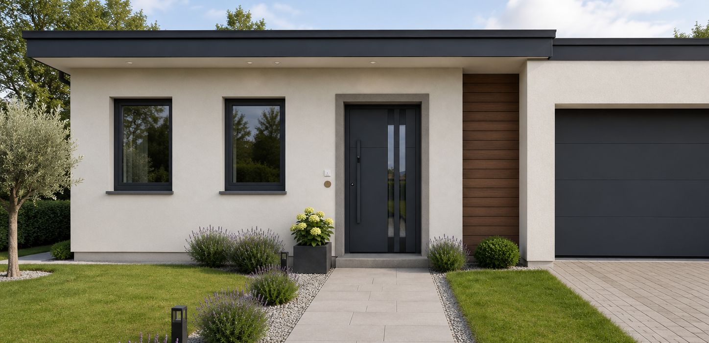 Modern minimalist house with black aluminium windows and a simple black front door with two glass insertsvložkoma