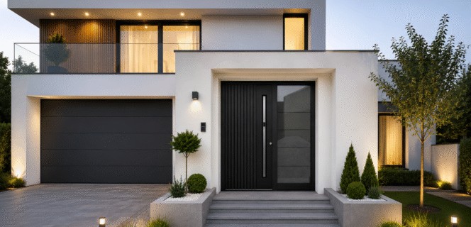 Modern house with black windows, garage door and aluminium front door featuring decorative grooves, a smart handle and side lights
