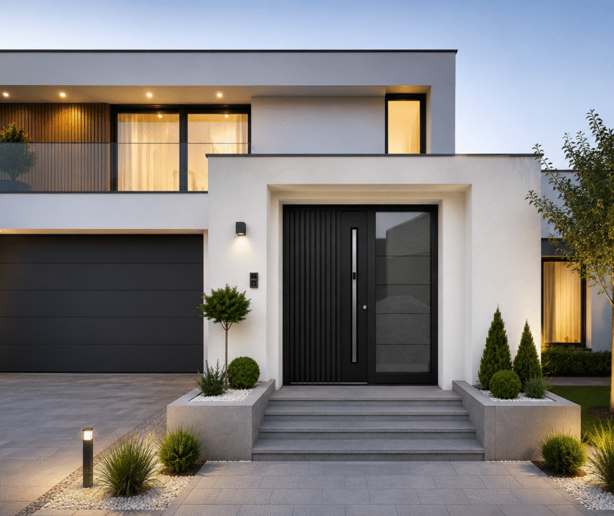 Modern house with black windows, garage door and aluminium front door featuring decorative grooves, a smart handle and side lights
