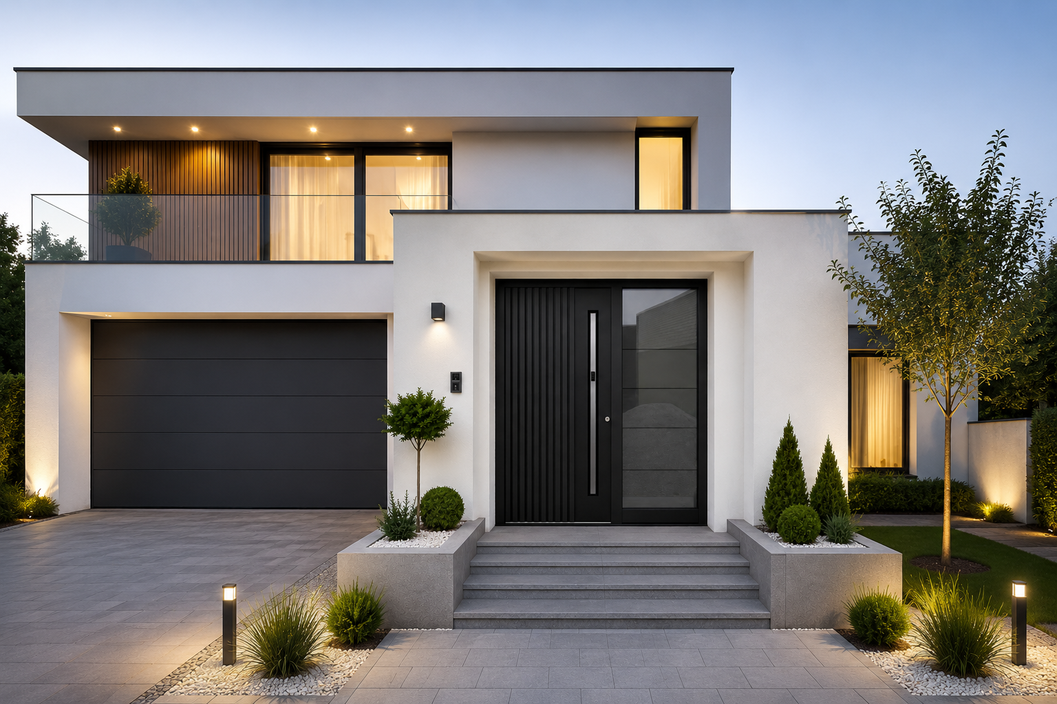Modern house with black windows, garage door and aluminium front door featuring decorative grooves, a smart handle and side lights