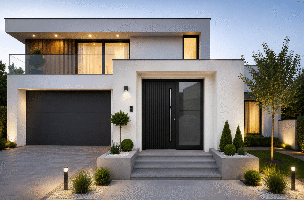 Modern house with black windows, garage door and aluminium front door featuring decorative grooves, a smart handle and side lights