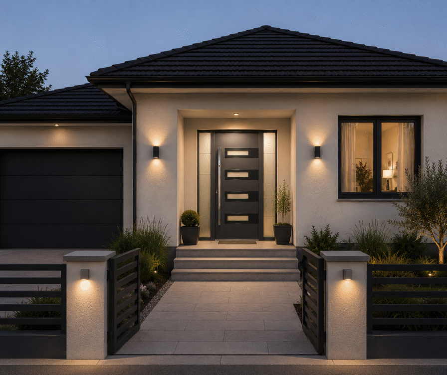 Classic house with a grey roof, grey windows and an anthracite front door with glazed insert