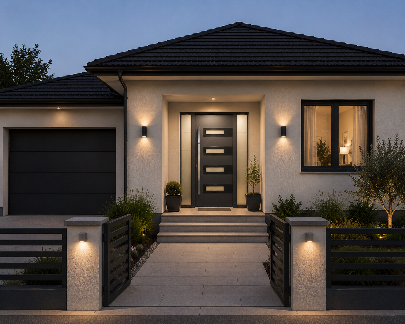 Classic house with a grey roof, grey windows and an anthracite front door with glazed insert
