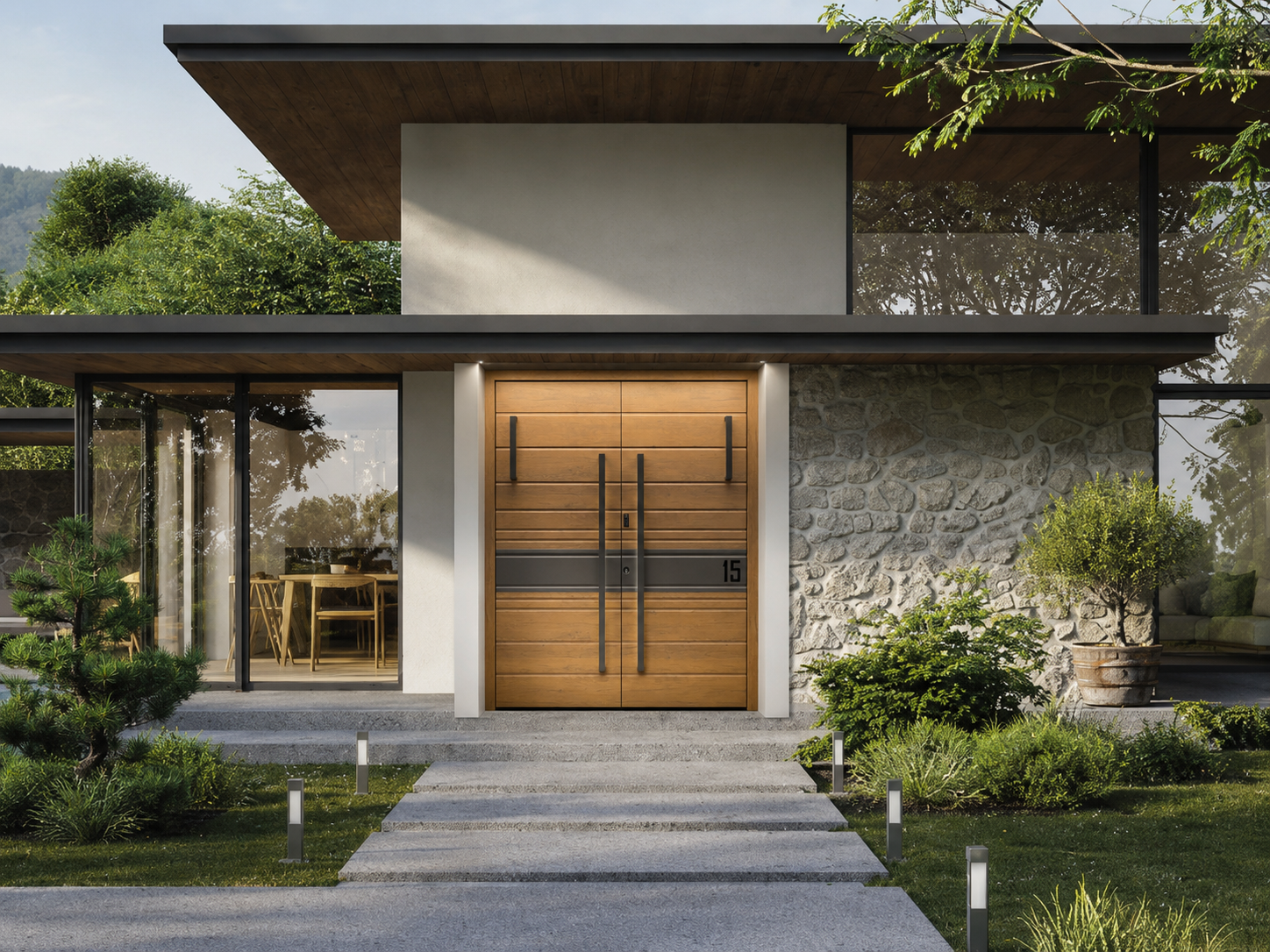 Modern double front door in wood finish with two handles, black detailing and a house number
