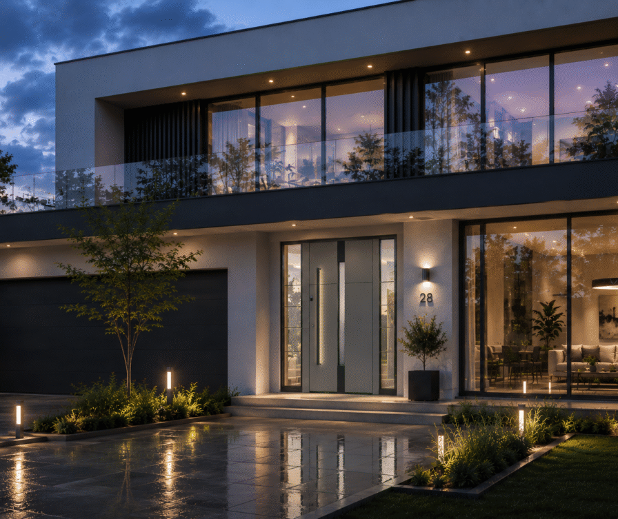 Modern flat-roof house with a large glass balcony, floor-to-ceiling windows and a minimalist anthracite front door