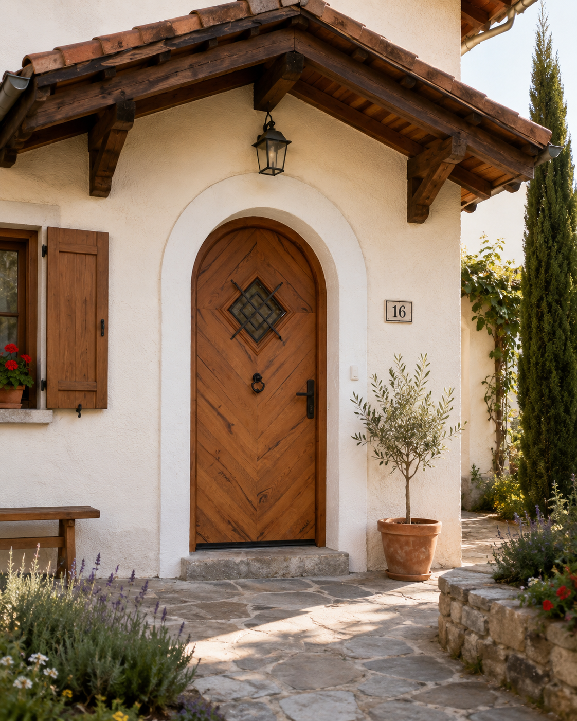 Rustic retro front door with wood-effect finish, door knocker, black handle and glazed insert with metal frame for a country house