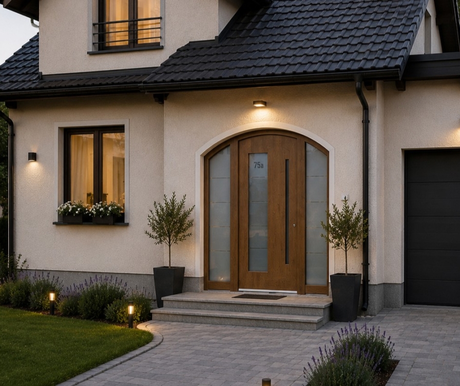 Traditional house with arched front door and arched sidelight