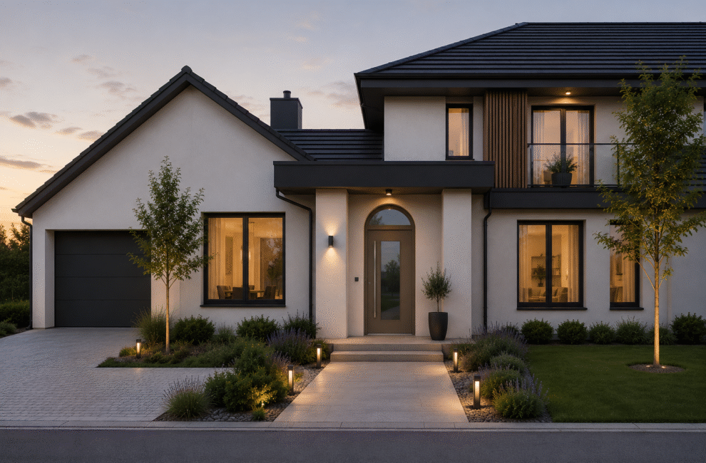 Modern house with traditional arched front doors
