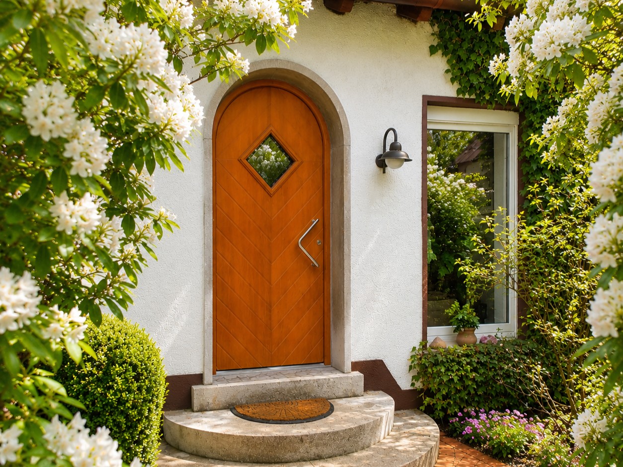 Retro-style arched front door in a wood finish with a glazed panel featuring a diamond pattern