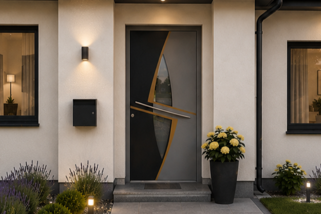 Statement front door with an innovative glazed insert, combined finishes and an angled door handle