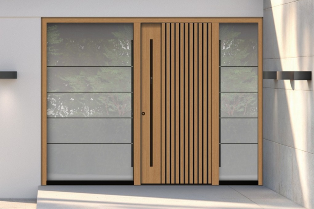 Front door in a wood finish with decorative slats creating a 3D effect
