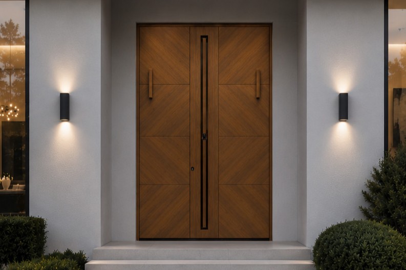 Modern double front door in a wood finish with asymmetrical detailing and a full-length recessed handle