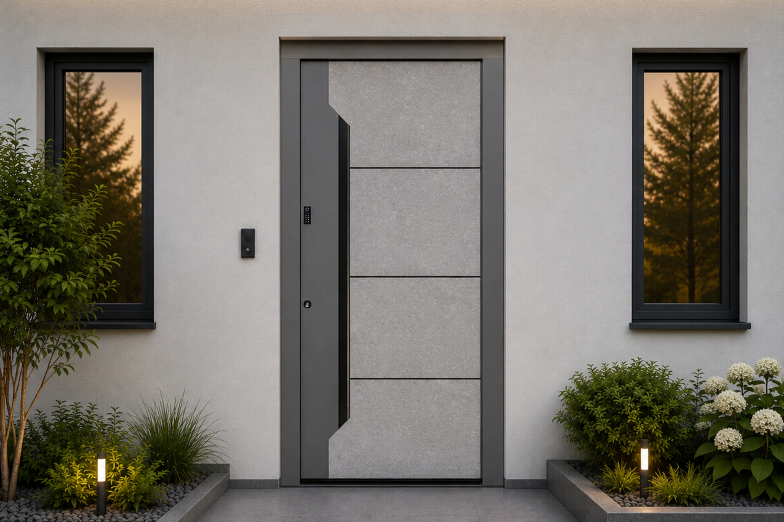 Single front door in a concrete finish