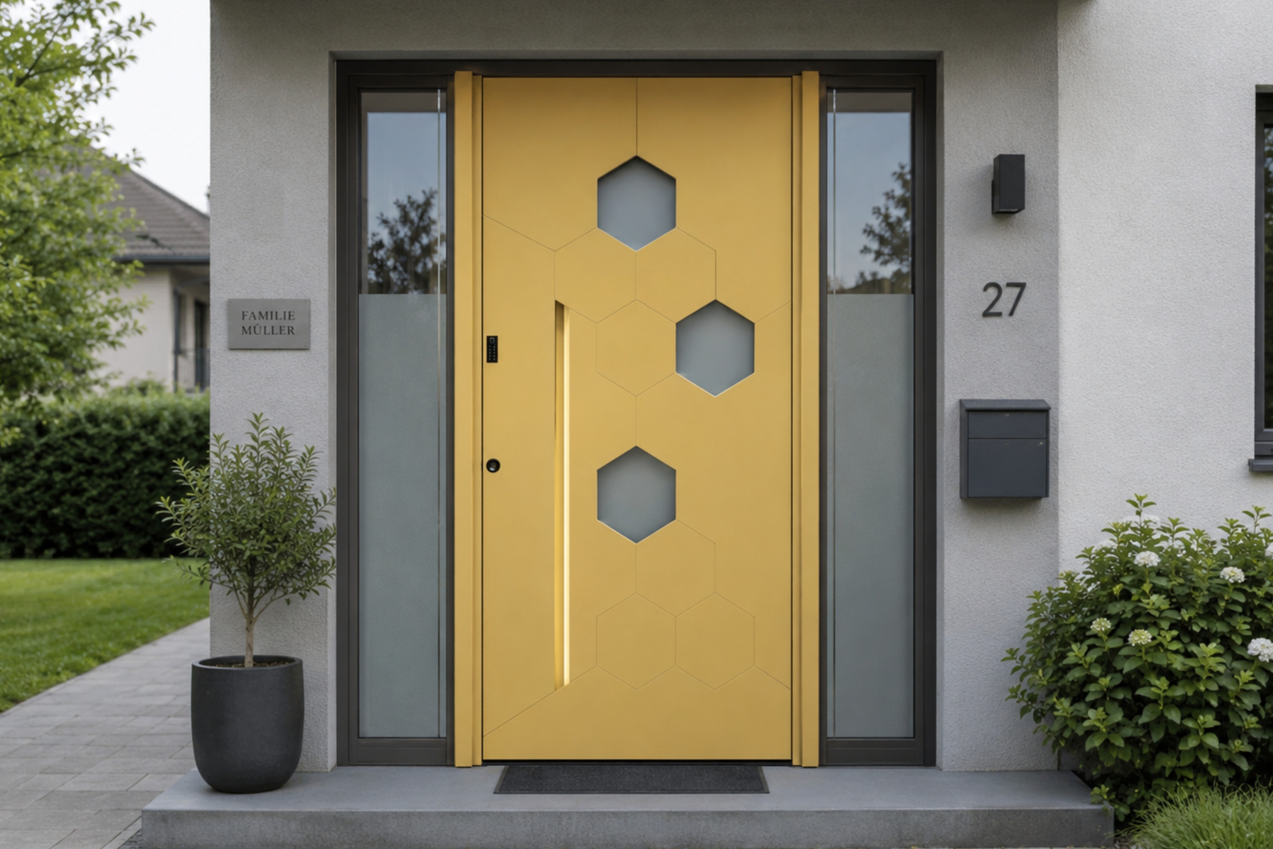 Front door with honeycomb-inspired glazed inserts and an innovative recessed handle