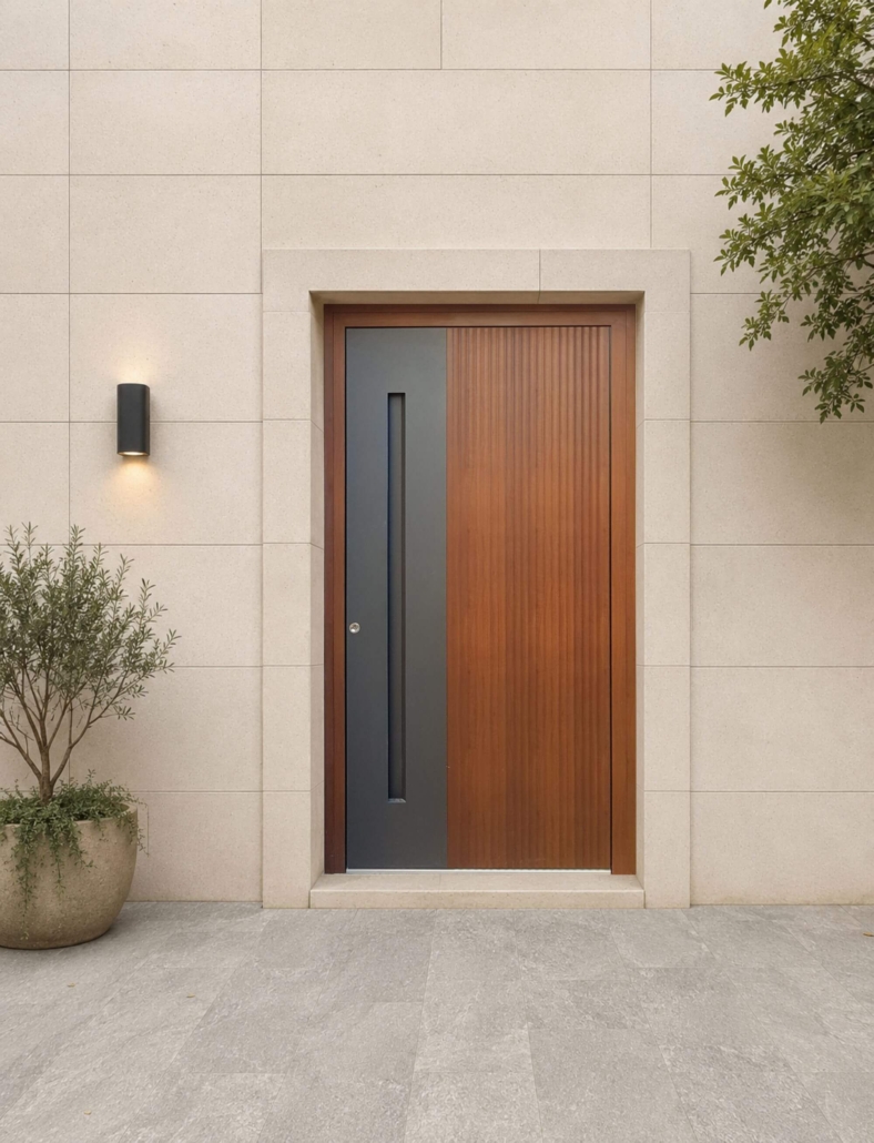Modern single front door combining a wood finish and grey finish with a recessed handle