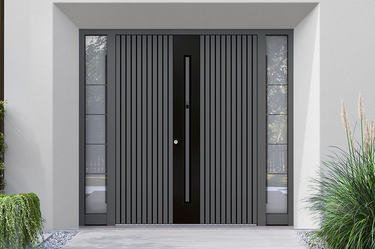 Premium front door with grey decorative slats and black detailing