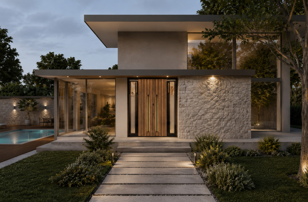 Modern house with a flat roof, large windows and a modern wooden front door