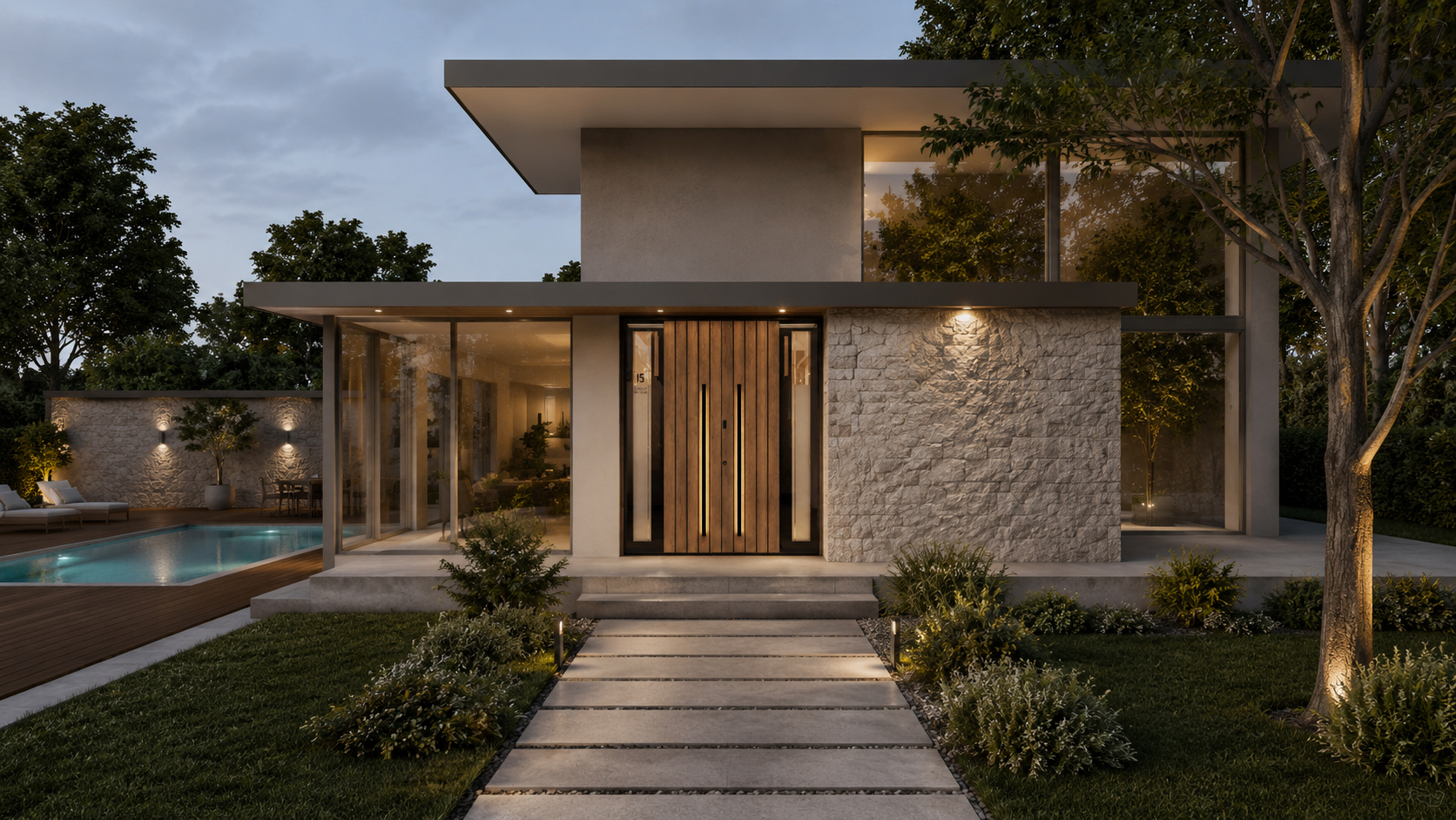 Modern house with a flat roof, large windows and a modern wooden front door